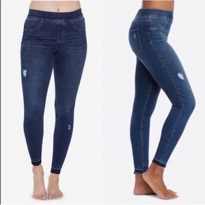 Spanx Distressed Frayed Hem Dark Wash Pull On Denim Legging Jeans Jeggings Sz S
